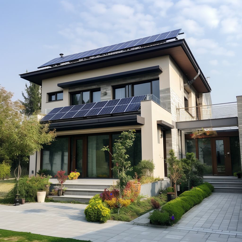 Rumah dengan panel surya dan instalasi terlihat